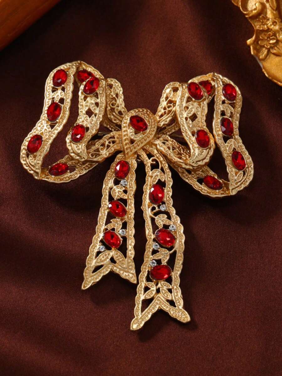 1pc Vintage Baroque Red Crystal Lace Bow Brooch For Women, Suitable For Daily Wear, Dating, Party, Valentine's Day Gift - Multicolor - View 1