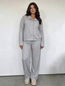 Plus Size Women Casual Shirt 2 Pieces Set,Solid Color Loose Long Sleeve Top And Straight Leg Pants, Spring Autumn Winter Soft Comfortable Elegant Set - Light Grey - View 5