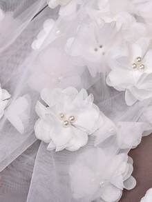 Single Tier Mid-Length Veil With 3D Pearl Flowers, Handmade Fabric Floral Bridal Wedding Veil - Multicolor - View 6