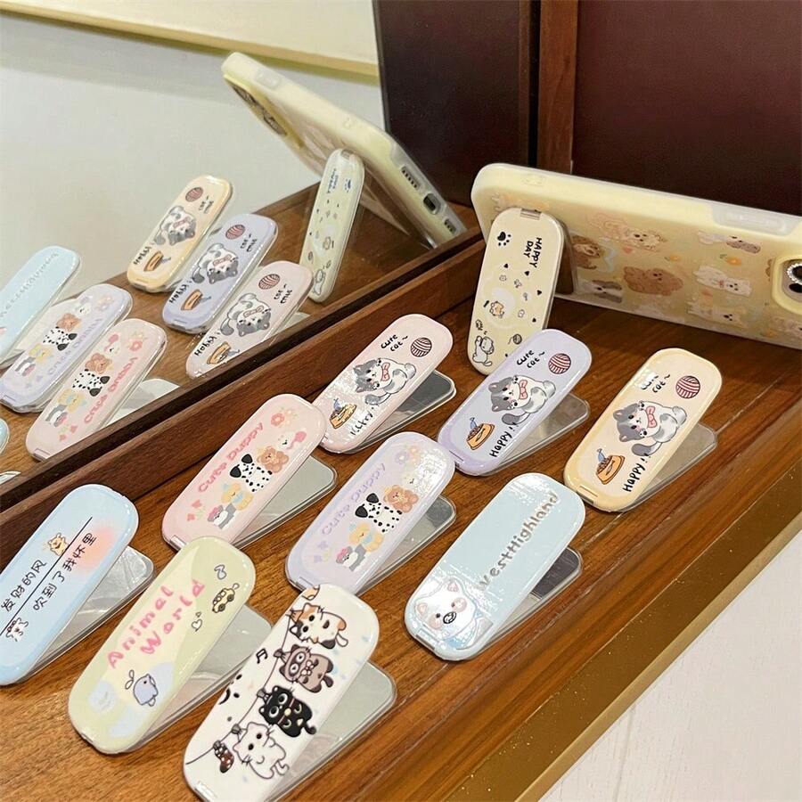1pc Cute Cartoon Cat Mirror Phone Back Sticker Stand, Foldable Desktop Thin Invisible Phone Case Back Adhesive - Multicolor - View 1