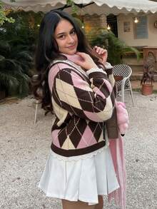 Fall/Winter Argyle Pattern Lace Patchwork Cardigan Going Out Business Fashion Knit Sweater Top - Pink - View 11
