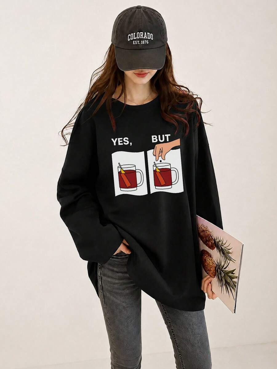 Women's Fashion Autumn/Winter Loose Minimalist Versatile Cartoon Print Long Sleeve T-Shirt - Black - View 1