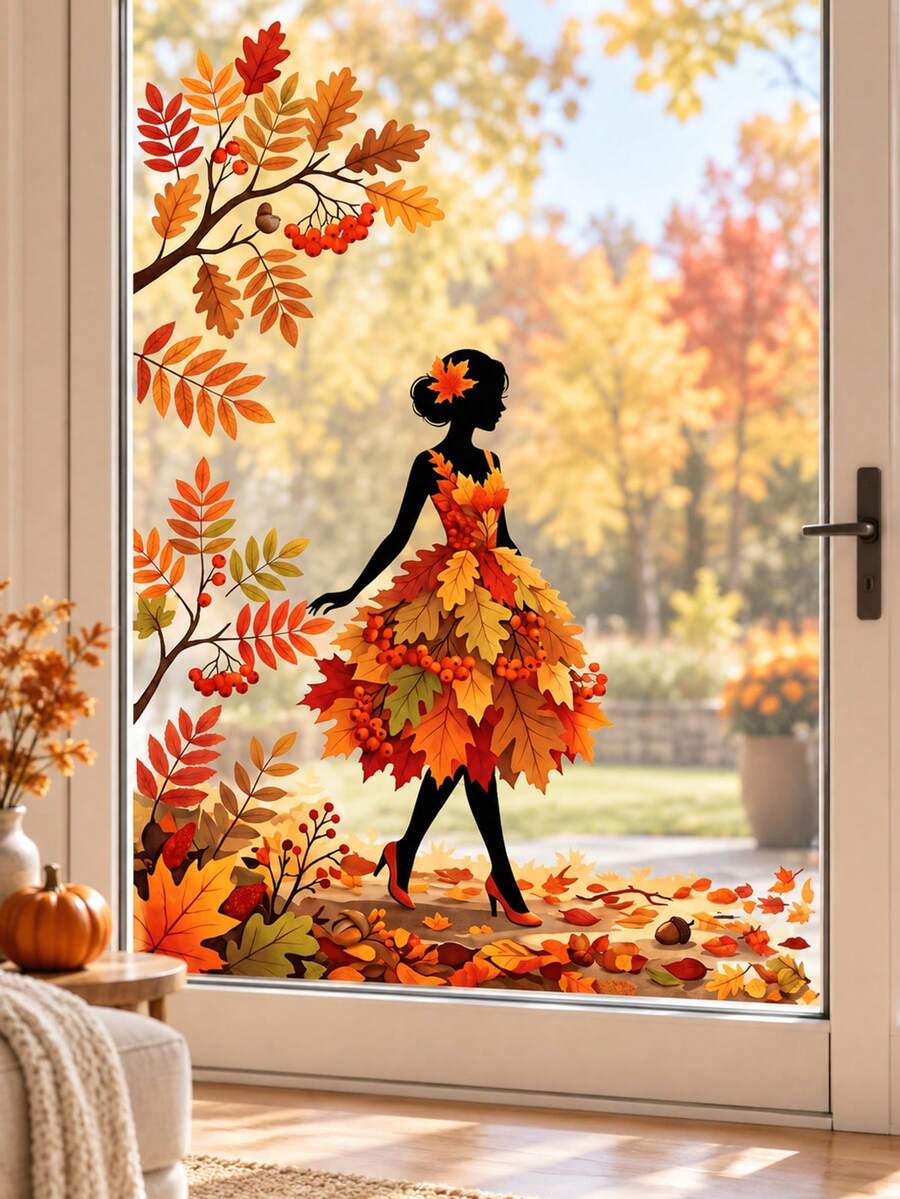Autumn Leaf Dancer Silhouette Window Sticker, Glue-Free PVC Static Cling Decal, Creative Aesthetic Maple Leaf Butterfly Glass Sticker, Autumn Atmosphere Art Window Decal - Multicolor - View 1