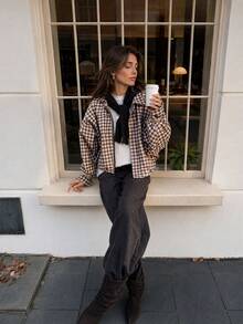 Women Fall Elegant Casual Brown Plaid Stand Collar Zip Up Long Sleeve Jacket For Office Going Out Vacation - New Multicolor - View 3