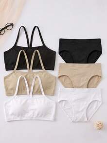 Girls 3Sets Random Color Strappy Seamless Underwear Set Removable Padded Basic Cami Bralette Fall Winter Daily Back To School - Multicolor - View 4