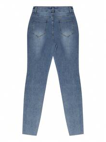 Women's Blue Skinny Jeans, Stretchy Distressed Sexy Ripped Denim, Y2K Retro Casual Style, Autumn/Winter - Blue - View 7