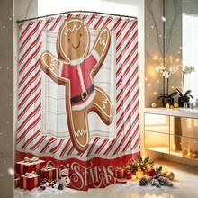 1pc Striped Gingerbread Man Merry Christmas Shower Curtain, Vintage Design, Waterproof Bath Curtain, Suitable For Bathtub Partition, Bathroom Decor And Bathroom Accessories, Home Decor Gift - Multicolor - View 1