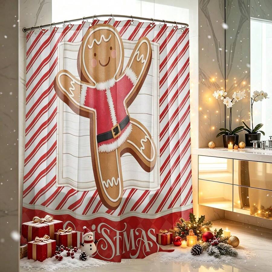 1pc Striped Gingerbread Man Merry Christmas Shower Curtain, Vintage Design, Waterproof Bath Curtain, Suitable For Bathtub Partition, Bathroom Decor And Bathroom Accessories, Home Decor Gift - Multicolor - View 1