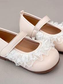 New Minimalist Light Beige Girls' Mary Jane Flats, Round Toe With Lace Decor And Convenient Hook And Loop Closure, Breathable Durable Non-Slip Rubber Sole, Children's Flat Shoes Suitable For Daily Wear, Vacation, Party, Holiday And Celebration Outfits - Beige - View 7