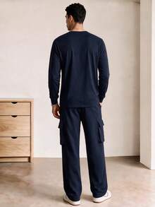 Voidago Men's Long Sleeve Sweatshirt And Cargo Pants Set, Drawstring Waist With Multiple Pockets,Casual And Versatile,Cozy Stylish Outfits For Men - Navy Blue - View 2