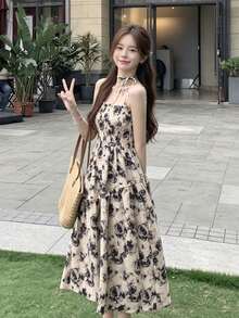 Sexy Vacation Style Floral Print Shirred Design Spaghetti Strap Dress - Apricot - View 2