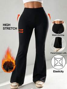 Casual High Waist Elastic Sports Pants Flared Pants Sweatpants Thermal Lined Leg Suitable For Autumn And Winter Petite Women - Black - View 5