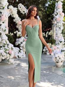 ADYCE Elegant Women's Handmade Rhinestone Decorated Spaghetti Strap High Waist Backless Slit Bandage Dress, Party Dress, Cream Yellow Fall Wedding - Mint Green - View 5