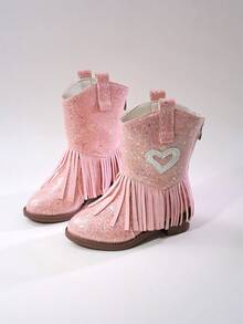 Girls' Kids' Short Mid-Calf Boots, Glitter Embroidered Tassel High Heel Western Boots, Color Block Round Toe Side Zipper - Pink - View 3