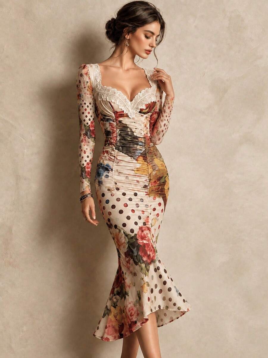 ELYRADIA 性感花卉波點印花貼身中長洋裝 女款秋季蕾絲飾邊長袖前胸抓褶喇叭下擺飄逸復古派對洋裝 - 杏色 - 查看 1