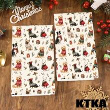 2Pcs Christmas Kitchen Dish Towel Set, Cute Puppy Christmas Sweater Print, Xmas Kitchen Decor Hand Towel, Christmas Holiday Gift - Apricot - View 8