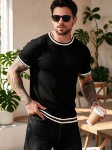 ALTZTAR Men's Knitted Contrast Color Crew Neck Short Sleeve T-Shirt - Black - View 1
