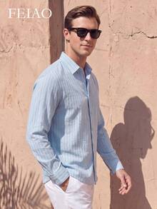 FEIAO Men's Vintage "Old Money" Style 100% Pure Cotton Button Long Sleeve Shirt, Skin-Friendly Soft Comfortable, All-Season Versatile - Dusty Blue - View 3