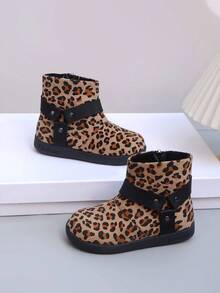 Girls' Leopard Print Ankle Boots, Side Lace-Up Decor, Warm & Non-Slip Winter Ankle Boots, Suitable For Toddlers - Brown - View 7