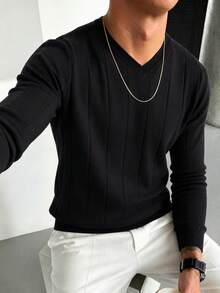 Men's Autumn/Winter Fashion Versatile Striped Slim Fit V-Neck Long Sleeve Knit Top T-Shirt Suitable For Daily Commute - Black - View 4