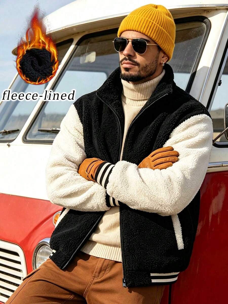 Color Block Zip‑Up Fleece Jacket For Men, Contrast Striped Cuff Stand Collar Casual Outerwear With Side Pockets, Winter Fashion New Fleece Lining Jacket, Casual Daily Travel Sports Jacket - Black - View 1
