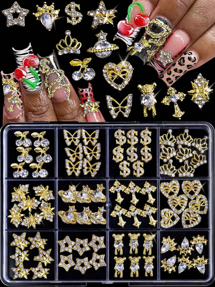 76件秋冬新款迷人Y2K風金色閃鑽美金熊蝴蝶五角星衛星石美甲配件,3D美甲合金,日韓淑女風復古風DIY美甲配件,可愛美甲寶石裝飾 - 金色 - 查看 1