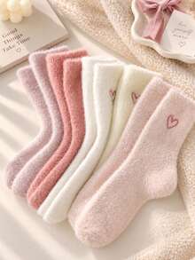 3 Pairs Plush Cartoon Heart Couple Mid-Calf Socks, Breathable & Sweat-Absorbent, Autumn/Winter, Random Assortment - Multicolor - View 6