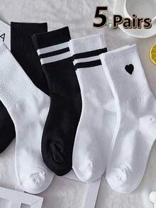 5双装女士休闲中筒袜，条纹、纯色和爱心图案可选。舒适休闲，适合日常穿着、旅行、上学和搭配正装。四季皆宜，是理想的圣诞礼物。 - 多色D - 查看 9