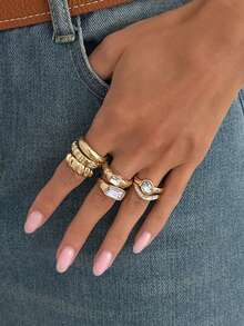 Gold Rhinestone Multi-Piece Stackable Rings, Vintage Rectangular Crystal Mixed Style Women's Exaggerated Knuckle Rings, Daily Party Jewelry - Multicolor - View 3