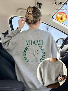 Autumn/Winter Loose Fit Heather Grey Fleece-Lined Pullover Sweatshirt For Women, Tennis Racket And Laurel Leaf Letter Print, Casual Sporty Style - Flower Gray - View 1