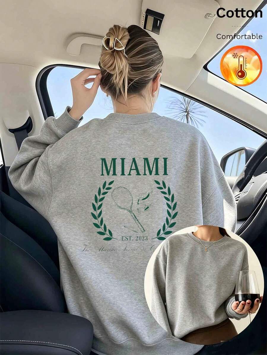Autumn/Winter Loose Fit Heather Grey Fleece-Lined Pullover Sweatshirt For Women, Tennis Racket And Laurel Leaf Letter Print, Casual Sporty Style - Flower Gray - View 1