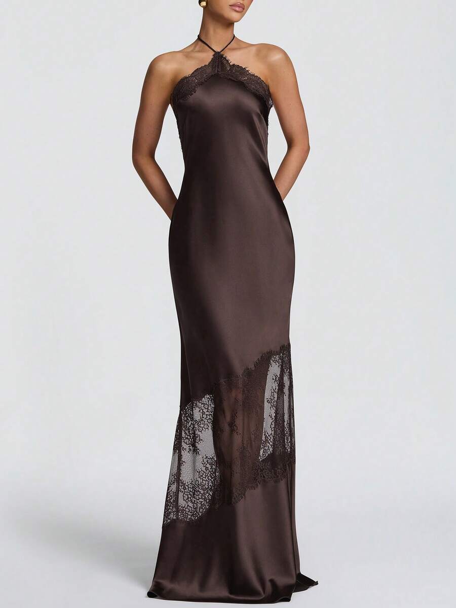 Women's Leopard Print Sexy Halter Neck Lace Patchwork Open Back Fitted Mermaid Long Dress For Evening Party - Coffee Brown - View 1