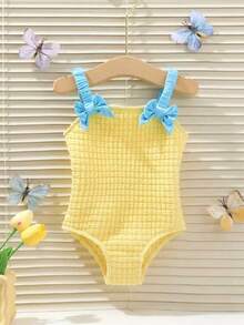 Young Girl Soft Yellow Textured Bow Decor Camisole One-Piece Swimsuit - Yellow - View 1