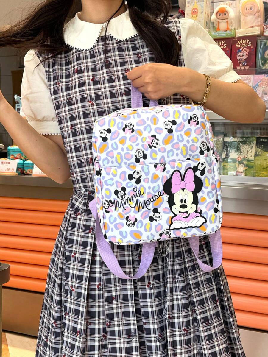 Disney 1pc Minnie Mouse Patch Mini Backpack, Colorful Leopard Print School Daypack, Multi-Pocket Casual Rucksack, Suitable For Girls/Students/Teenagers/Young People/Fans, Perfect For Back To School/Daily Outings/Shopping - Multicolor - View 1