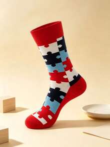Vintage Colorblock Puzzle Jacquard Mid-Calf Socks, Street Style Versatile Casual Everyday Socks - Multicolor - View 3