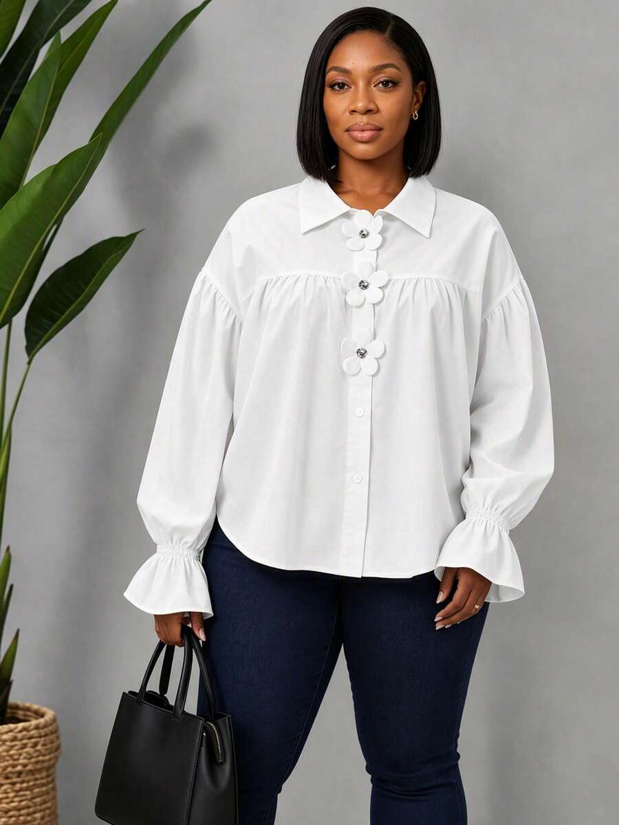 NOU Women's Long Sleeve Blouse, Oversized Lantern Sleeves, Flared Cuffs, 3D Floral Front Placket, Vertical Button Design - White - View 1