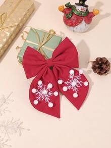 1pc Christmas Red Snowflake Embroidered Pom Pom Bow Hair Clip, Girls Winter Hair Accessory, Party & Daily Wear - Red - View 5