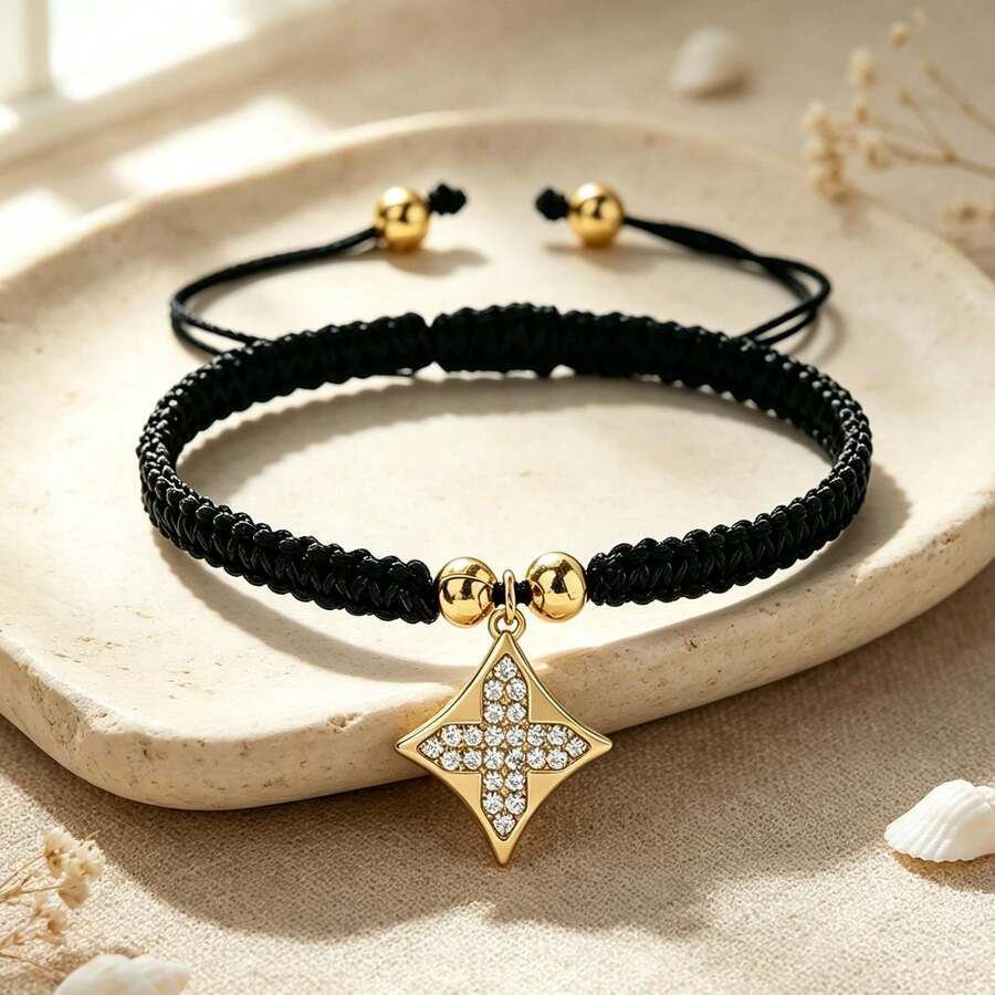1Pc Sparkling Rhinestone Four Pointed Star Charm Bracelet Adjustable Handmade Woven Rope Bangle Fashion Wristband Jewelry Gift For Women - Four-pointed Star - View 1