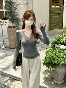 Women's Knitted Long Sleeve V-Neck Top, Contrast Lace Trim, Semi-Sheer Regular Fit, Suitable For Daily Wear - Grey - View 2