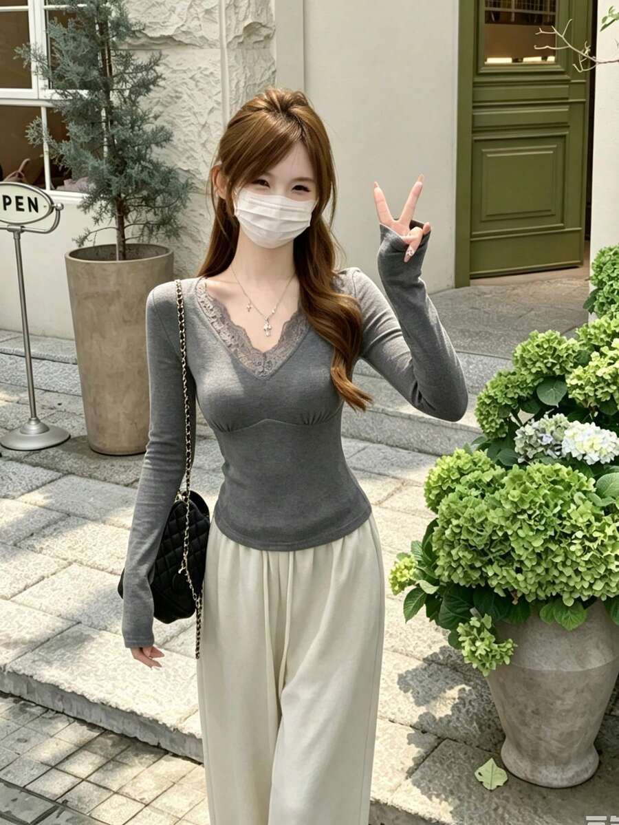 Women's Knitted Long Sleeve V-Neck Top, Contrast Lace Trim, Semi-Sheer Regular Fit, Suitable For Daily Wear