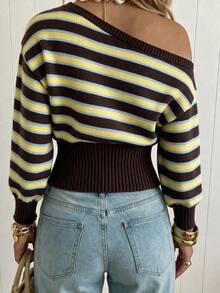 Women's Autumn/Winter Casual Striped Color-Block Asymmetrical Shoulder Loose Top & Tight Bottom Fashion Sweater - Multicolor - View 3