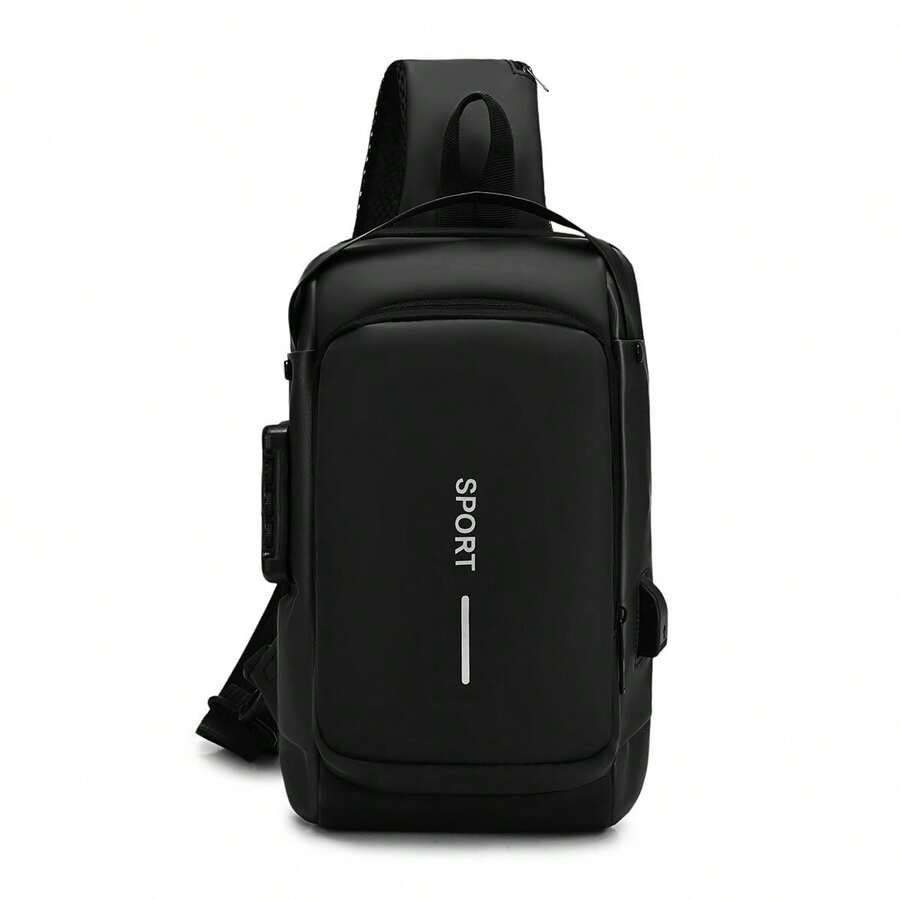 Men's Black Hard Shell Chest Bag, Anti-Theft Password Lock One Shoulder Crossbody Bag, Waterproof Wear-Resistant Fabric With Multiple Compartments, Large Capacity Chest Backpack For Outdoor Sports, Commuting And Casual Use