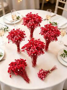 50/100pcs, Artificial White Mini Simulation Baby's Breath Gypsophila Ivory Flowers For Vase Wedding Home Office Party Garden Card Making Decor, DIY Decoration - Red - View 2