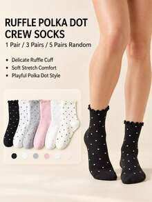 1/3/5 Pairs, Random Colors,Women's Polka Dot Ruffle Crew Socks, Cute Lettuce Trim Knit Socks For Mary Janes & Loafers - Multicolor - View 1