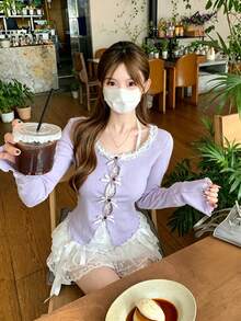 Women's Ribbed Knit Long Sleeve Top With Contrast Lace Trim And Bow Detail, Purple Round Neck Bell Sleeve Sweater - Lilac Purple - View 2