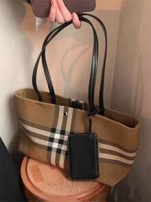 JIANSHANGGUSHI Ladies' British Retro Woven Check Tote Bag, Large-Capacity Commuter Shoulder/Handheld Bag, Includes A Free Small Coin Pocket. - Brown - View 2