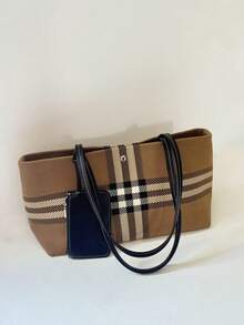 JIANSHANGGUSHI Ladies' British Retro Woven Check Tote Bag, Large-Capacity Commuter Shoulder/Handheld Bag, Includes A Free Small Coin Pocket. - Brown - View 8
