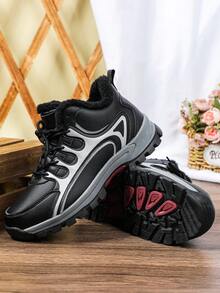 Men Black High‑Top Outdoor Snow Boots, Fleece Lining Warm Comfortable Minimalist Shoes, For Winter Hiking Camping Daily Commute All‑Match - Black - View 5