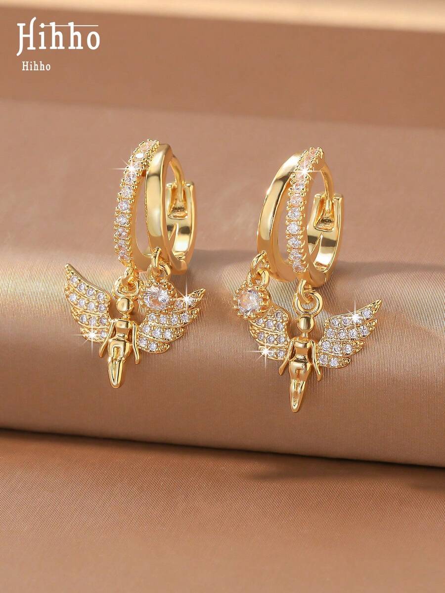 Hihho 2pcs/Set Luxury Style Angel Wing Ear Cuff Earrings, Atmospheric Women's Earrings Suitable For Dating, Commuting, Party Wear - Angel - View 1