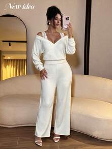 NEW IDEA Women'S Elegant Cream Fall Winter 2 Pieces Set, Off Shoulder Wrap Long Sleeve Top & Wide Leg Pants Set For Daily, Dating, Party, Going Out - White - View 5